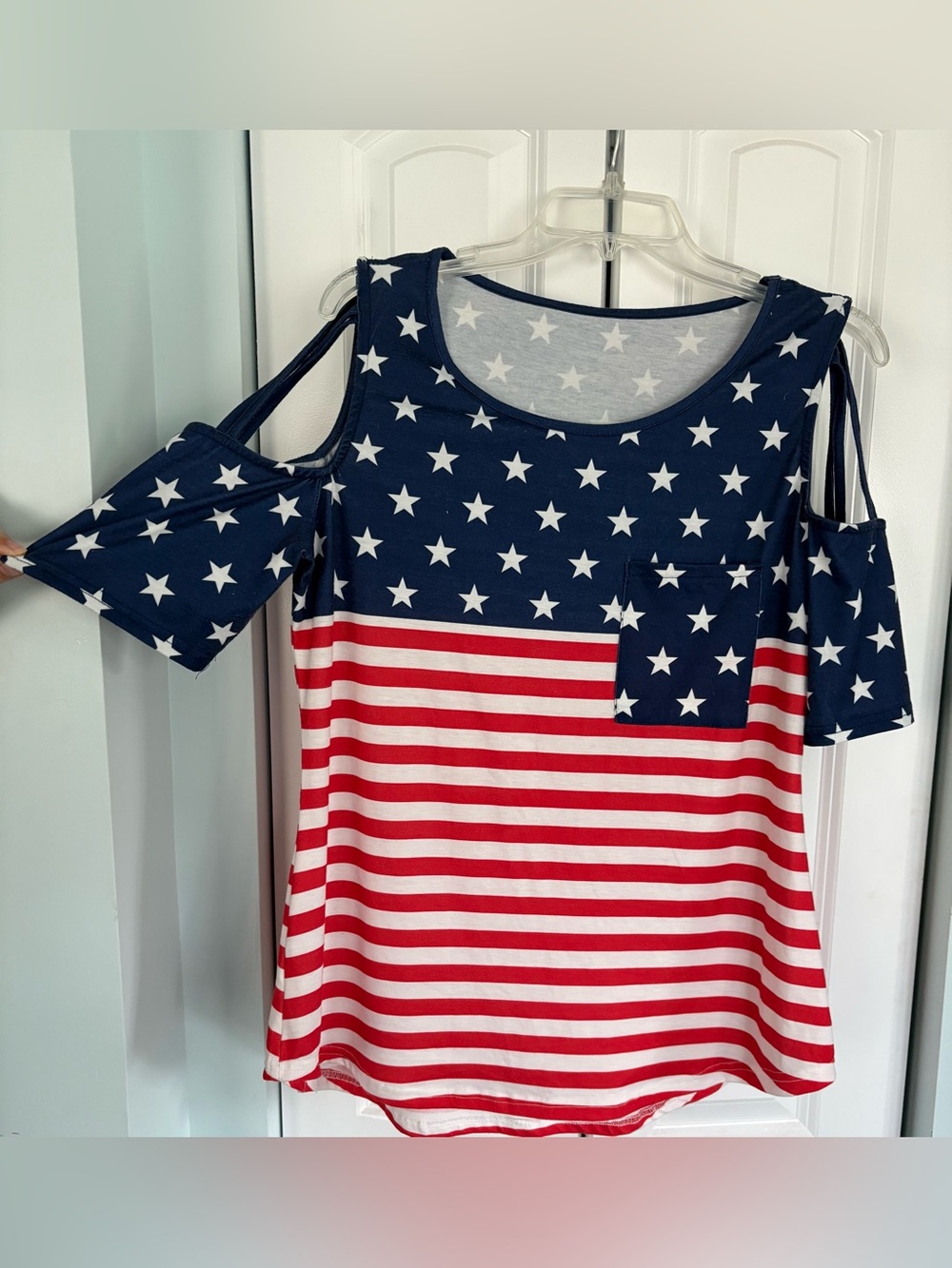Patriotic Cold-Shoulder Star & Stripe Top - Navy, White & Red